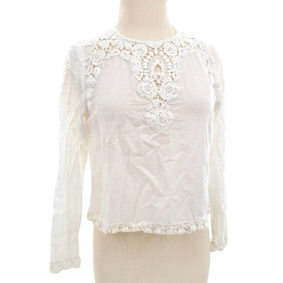 Zara Trafaluc Med Blouse Swiss Dot Boho Lace Button Light Shirt Long Sleeve Top - Picture 8 of 12